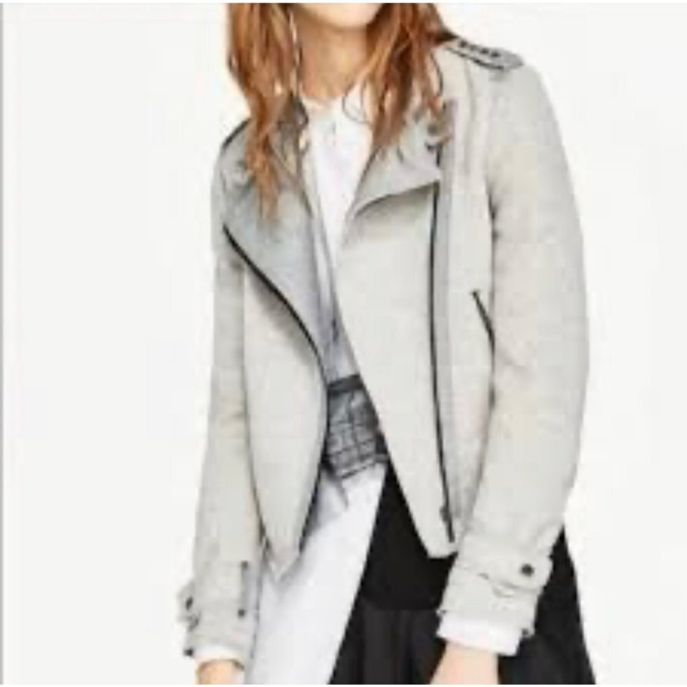 ZARA Basic Collection Jacket Women's Medium Moto Cotton Asymmetrical Zip Gray